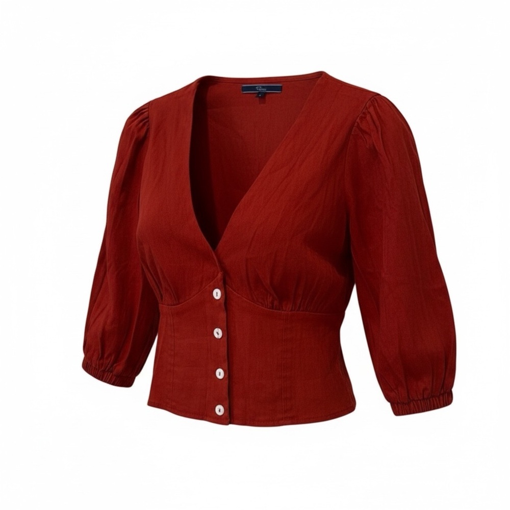 Women's Deep Red Button-Front V-Neck Blouse